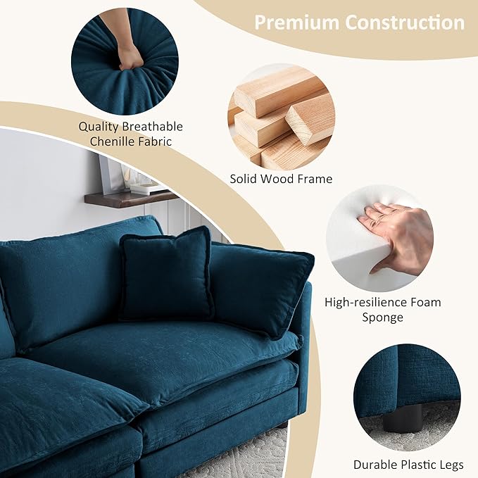 111.42 Modular Sectional Sofa Convertible Modern L Shaped Sofa Blue Chenille Deep Seat Cloud Couches Set with Ottoman for Living Room Bedroom Apartment Office 3 Seater