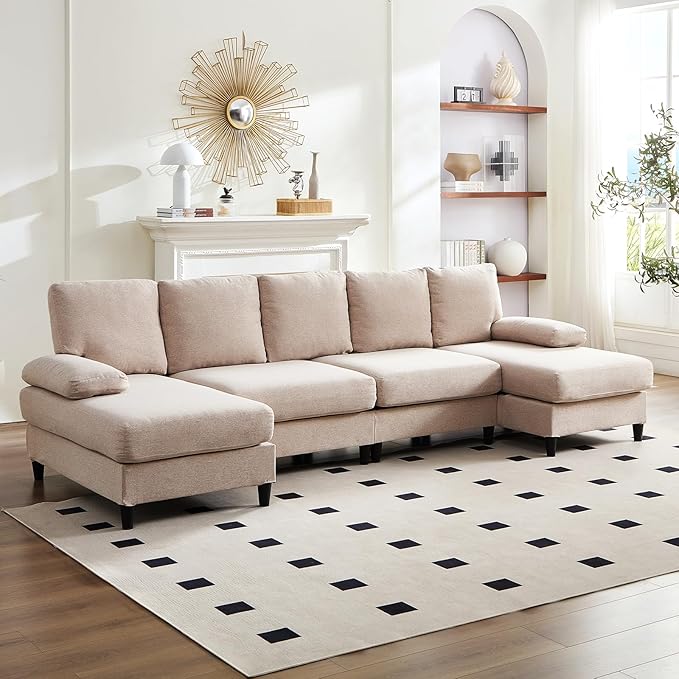CECER 114” U-Shaped CouchLinen FabricLinen Fabric Modular Sectional Couches for Living Room/Apartment4 Seat Oversized SofaHigh Supportive&ampSoft Sponge(Beige)