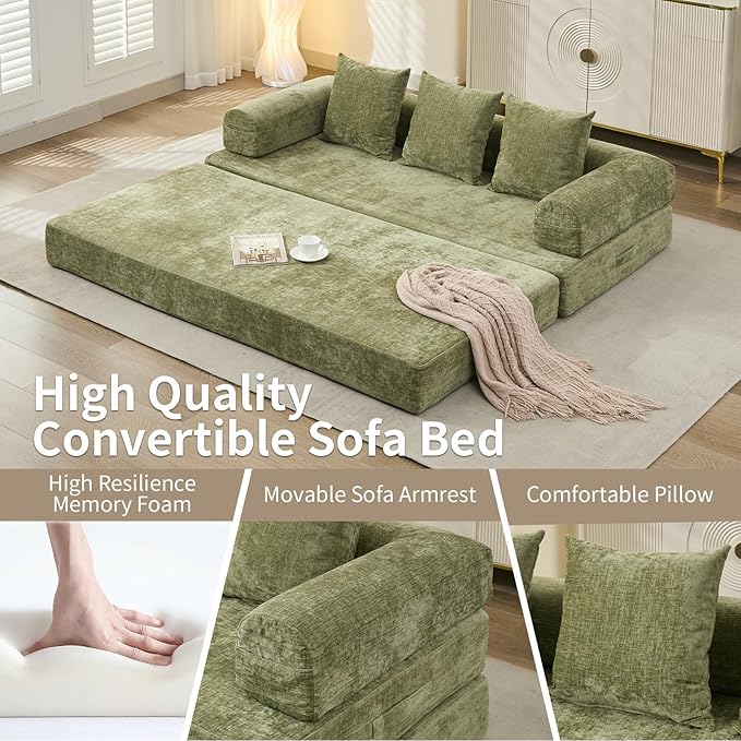 Convertible Sofa Bed 4-in-1 Floor Foldable Couch Bed with Armrests &amp Pillow Chenille Fabric No Assembly Required Comfy Memory Foam Couch Lounge Sofa for Living Room Green