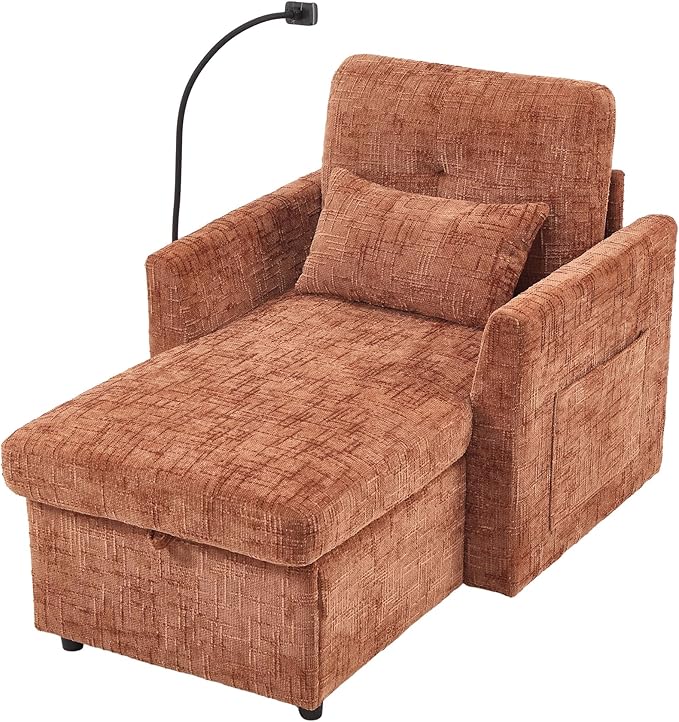 32 Comfy Chaise Lounge Sofa Bed Chair with Storage Side Pockets Phone Holder &amp 2 Pillows Modern Chenille Upholstered Sleeper Sofa Leisure Chair for Living Room Bedroom Small Spaces (Orange)