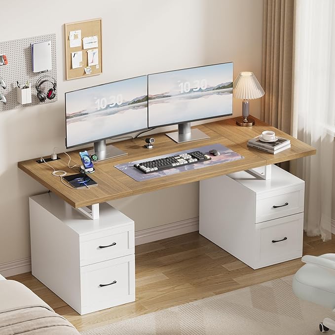 Farmhouse Desk with Drawers &amp Power Outlet White Home Office Desk with Adjustable File Organizer 71 Executive Desk with Storage Computer Desk with Privacy Panel