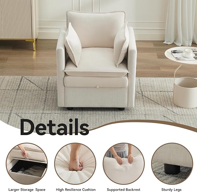 30 Cloud Modular Single Sofa Chair with Storage Modern Upholstered Accent Chair Deep Seat Chenille Reading Lounge Armchair for Living Room Bedroom Small Space Beige
