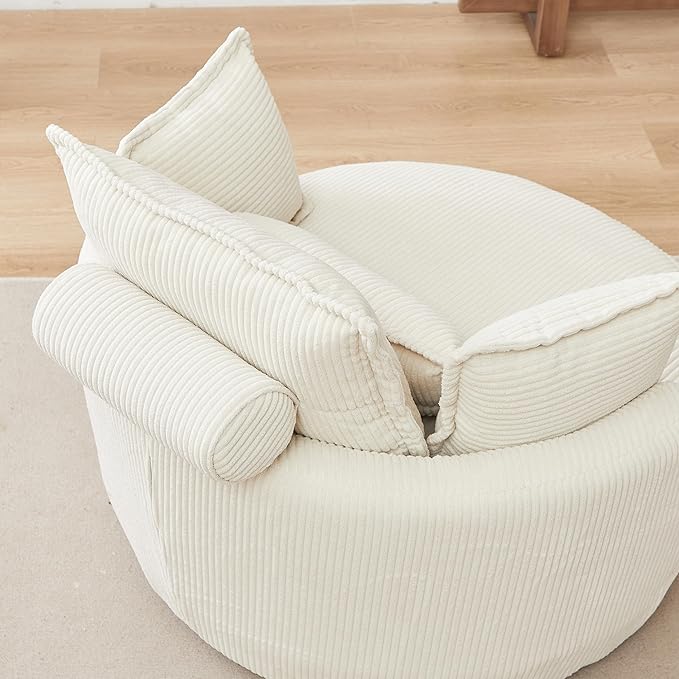 Modern Swivel Chair 38 W Oversized Swivel Chair with Moon Storage Ottoman Accent Round Loveseat Circle Swivel Barrel Chairs with 4 Pillows Cuddle Sofa Chair Lounger Armchair (Beige * 99)