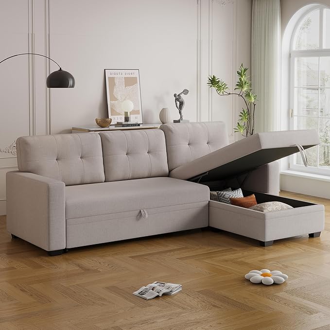 82 Sectional Small Sofa with Pull Out BedL-Shape Upholstered Sleeper Couch W/Storage ChaiseTufted Backrest Design3 Seat Linen Convertible Sofas for Living Room Apartment OfficeBeige