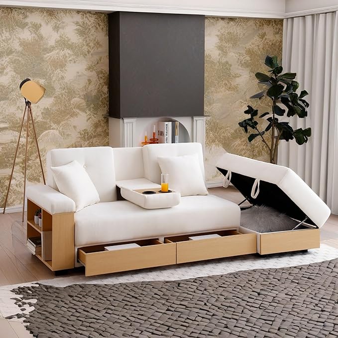 Sofa 84.65 Convertible Sofa Bed with Storage Ottoman Adjustable Armrest &amp Coffee Table - Perfect for Small Apartments 2 Drawers Soft Cotton Linen Fabric Solid Wood FrameBeige