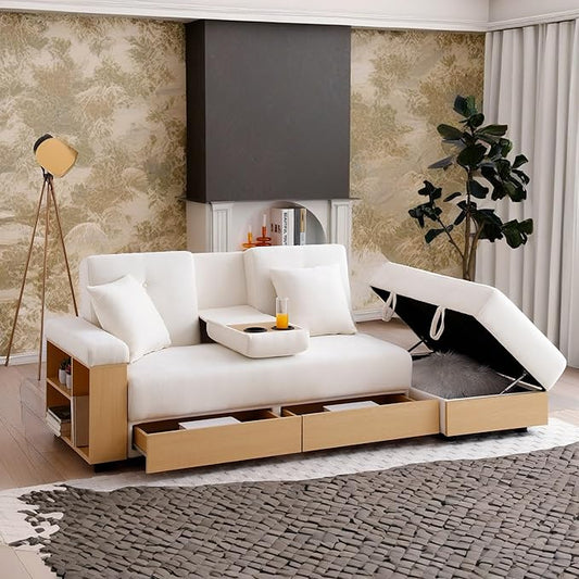 Sofa 84.65 Convertible Sofa Bed with Storage Ottoman Adjustable Armrest &amp Coffee Table - Perfect for Small Apartments 2 Drawers Soft Cotton Linen Fabric Solid Wood FrameBeige