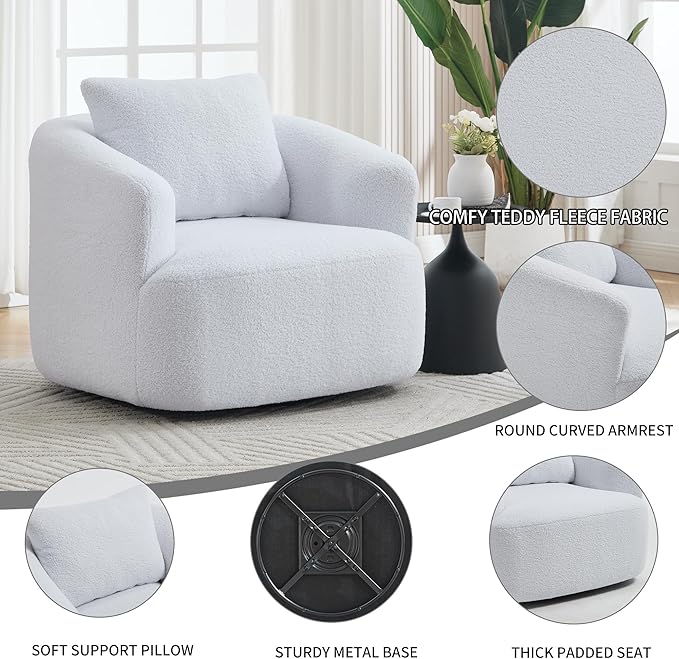 360° Rotating Round Plush Chair with Removable Pillow - High-Resilience Foam &amp Spring Support No-Assembly Teddy Velvet Armless Sofa for Living Room/Bedroom (White)