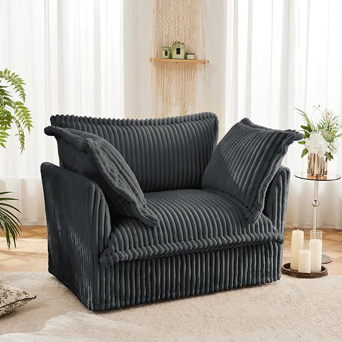 Modern Single Sofa Chair 49 Slipcovered Armchair Oversized Upholstered Accent Chair Comfy Cloud Deep Seat Sofa Chair with 2 Throw Pillows for Living Room Bedroom Apartment Corduroy Grey