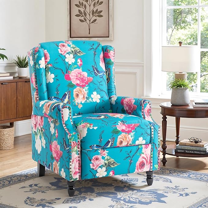 Recliner Chair Upholstered Wingback Floral Pushback Armchair with Adjustable Backrest &amp Footrest Comfy Accent Chair Reading Single Sofa for Small Spaces Living Room Bedroom (Peacock Set of 1)