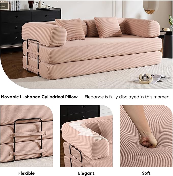 Convertible Folding Couch Bed Comfy Corduroy Sleeper Floor Sofa Bed with Fixed-Shape Frame Floor Sofa with Armrest Lounge Couch for Living Room Bedroom Lounge StudioPale Pink