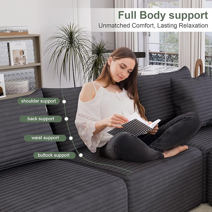 Oversized Cloud Modular Sofa – Deep Seat Corduroy Couch with Pillows No Assembly Convertible &amp Customizable Design Soft All-Foam Comfort for Living Room &amp Bedroom (Gray Loveseat)