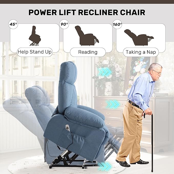 Power Lift Recliner Chair for Elderly Big and Tall Lift Chair with Massage and Heat for Living Room Fabric Electric Recliner Chairs with 4 Side Pockets USB Charge PortBlue