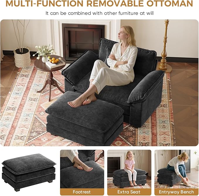 HUSFU Oversized Accent Chair with Ottoman Chenille Cloud Couch Chair with Deep Seat and Extra Wide Armrests Comfy Reading Armchair for Bedroom Living Room Set of 2 Black