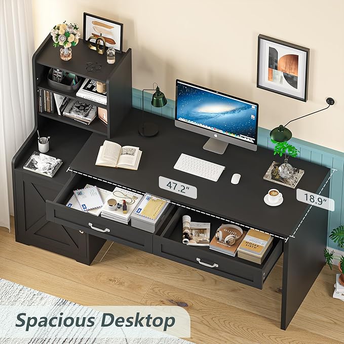 60 Computer Desk with 2 Drawer &amp Bookshelves Home Office Desk with Storage Cabinet &amp Spacious Desktop Writing Gaming Study Table with Bookcase Black