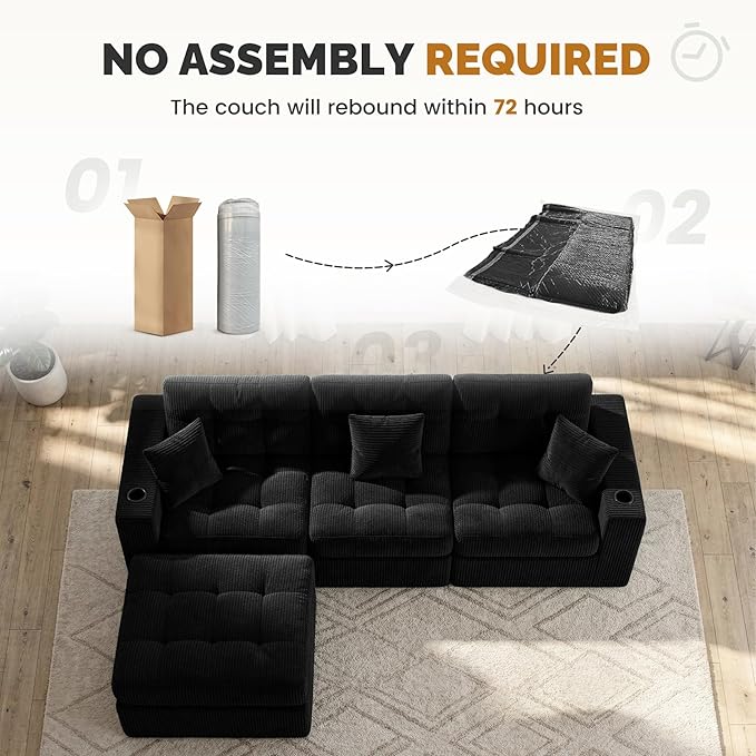 113 Modular Sectional Sofa for Living Room Convertible L-Shape Couch with OttomanCloud Boneless Couch with Layered CushionBlack Corduroy