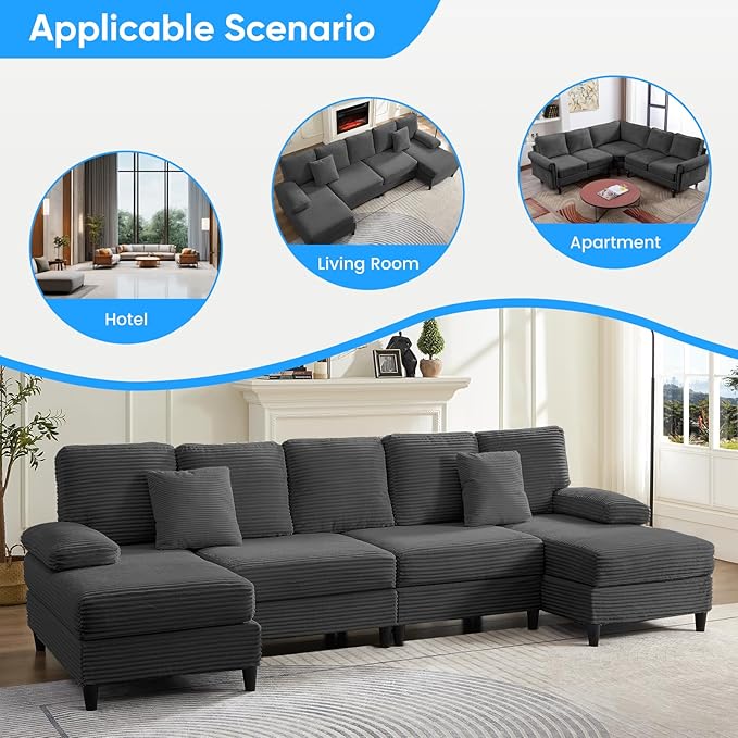 Mjkone 112 Width 4 Seater U Shaped Sofa Couch with Double Chaises Sectional Living Room Sofa Couches with Sleepable Armrest Corduroy Sleeper Sofas Couch Set for Living Room Sets Furniture Dark Grey