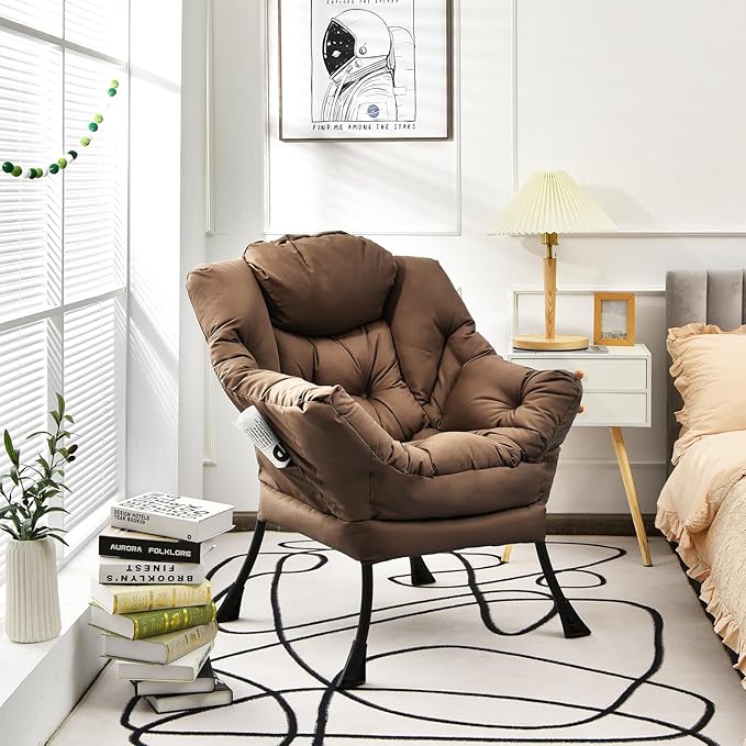 DORTALA Modern Lazy Chair Single Sofa Chair w/Side Pocket and Armrests Soft Upholstered Modern Leisure Chairs Suitable for Living Room Bedroom Brown