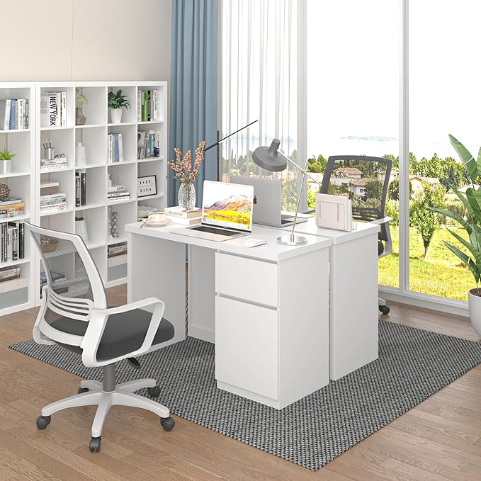 furtble White Desk with Drawers 43 Inch Small Cute Desk for Bedroom Home Office PC Desks Workstation Study Table Desks with Storage White