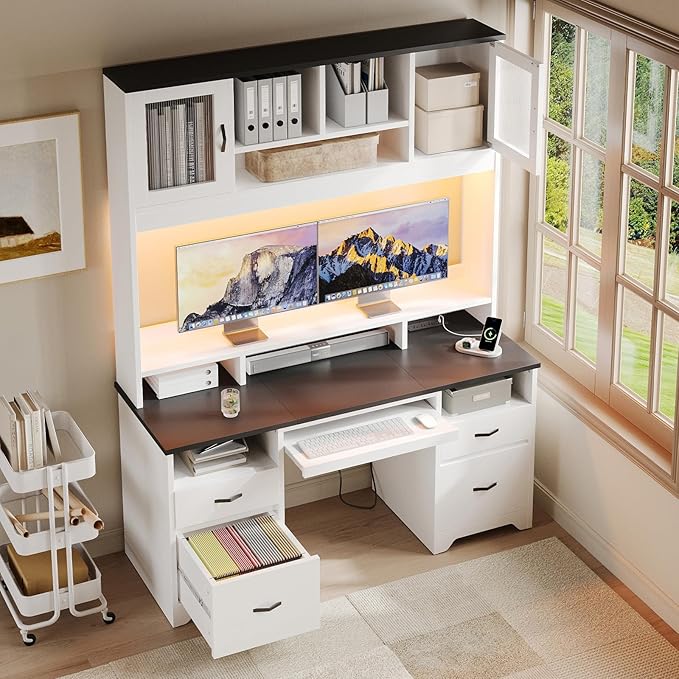 Bestier 77.8 H Executive Desk with Hutch Modern Wood Computer Desk with Drawers Charging Station LED Light Fluted Storage Cabinet Keyboard Tray 59 W Office Desk for Home Office White