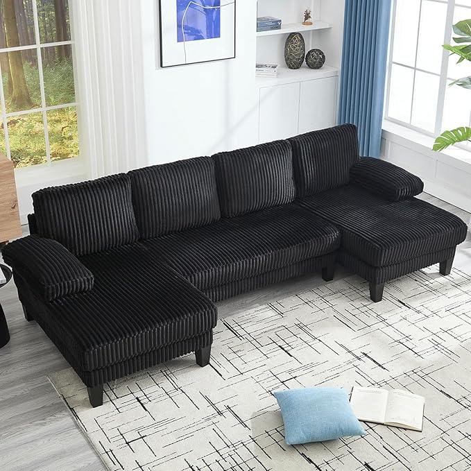114.2” W Corduroy Sectional Sofa for Living Room U-Shaped Couch with Double Chaises and Comfortable Backrest Modern 4-Seater Deep Cloud Sofa (Black)