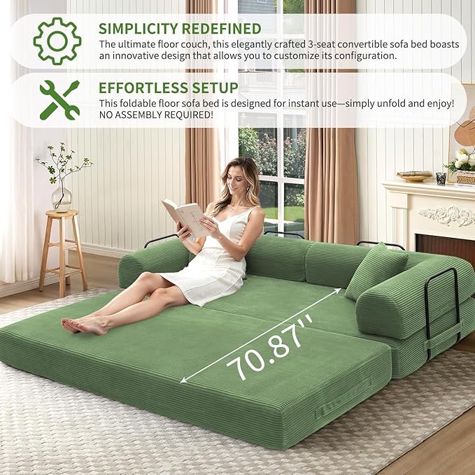 Convertible Sleeper Sofa Bed 1600lbs Weight Capacity Floor Sofa Bed with Fixed-Shape Frame Corduroy Foldable Couch for Small Space Lounge Mattress for Living Room Apartment Game Room (Dark Green)