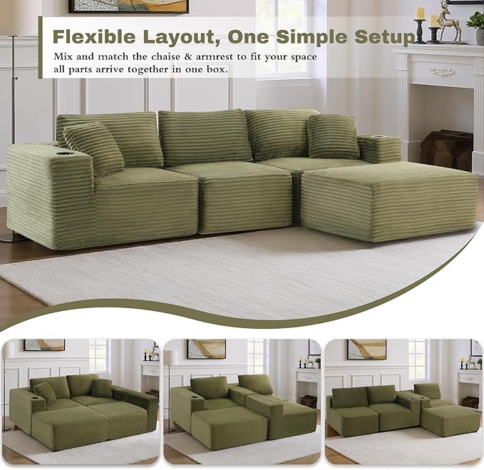 110”Modular Sectional SofaCloud Boneless Couch with Deep SeatModern Modular L-Shape Sofa Couch with 0ttomanUpholstered Couches for Living Room Bedroom (Green)