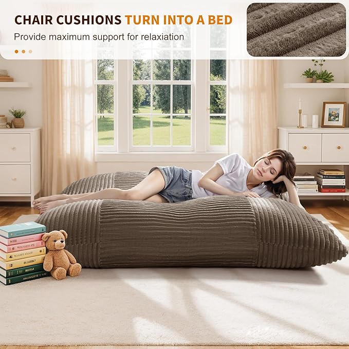 Oversized Comfy Cloud-Like Accent Chair Extra-deep Seat Bean Bag Chairs Convertible Stuffed Bean Bag Cushion with Removable Washable Cover Brown