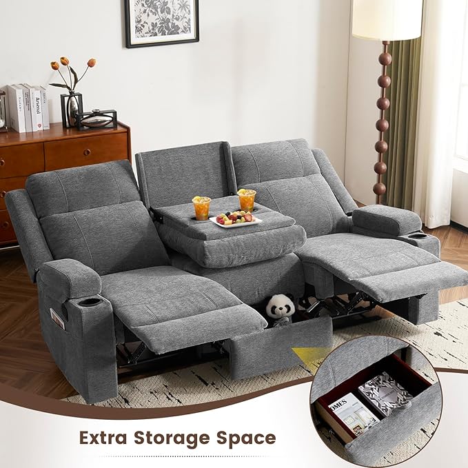 Chenille Reclining Sofa 3-Seater with Convertible Table Storage Ottoman &amp Cup Holders | Modern Space-Saving Couch Ergonomic Living Room Furniture (Gray)