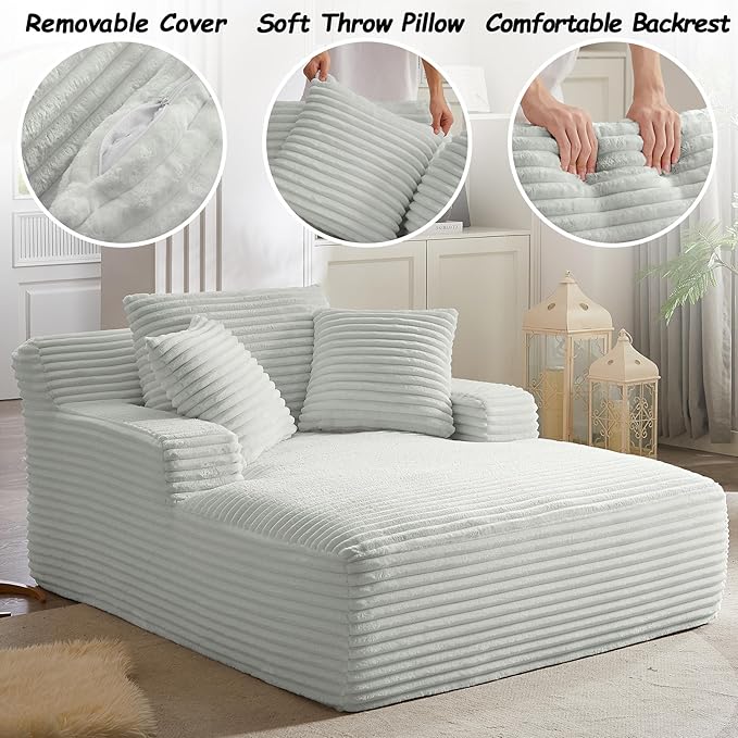 67 Inch Boneless Couch Oversized Chaise Lounge Sofa Corduroy Chaise Lounge Chair Indoor with Comfy Pillows for Living Room Bedroom Foam Filling No Assembly (Light Grey)