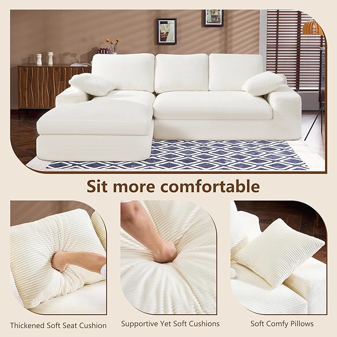 98.4 Cloud Modular Sectional Couch with ChaiseL-Shaped Modern Upholstered Sofa with Deep SeatCorduroy Sectional Couches for Living Room and BedroomNo Assembly Required(Beige)