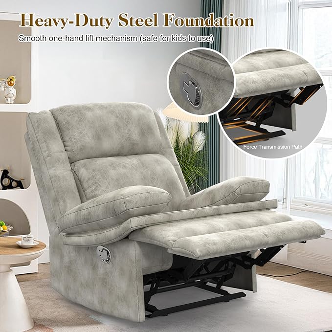 Recliner Chair for Adults Oversized Manual Pull Tab Reclining Chair 2-Tier Cushions Minimalist Style Single Sofa for Living Room RV (Polished Microfiber)