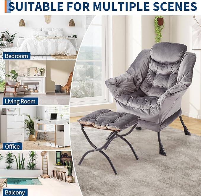 GarveeHome Lazy Chair with Ottoman Modern Lounge Accent Chair Leisure Sofa Armchair with Footrest Reading Armchair with Side Pocket for Living Room Bedroom Dorm &amp Office (Dark Grey 1PCS)