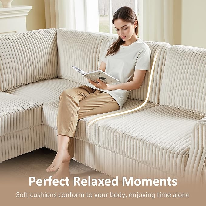 90.6 V-Shaped Modular Sectional Sofa Couch Corduroy Corner Couches with Storage Ottoman 6-Seat Upholstered Oversized Couch Modern Sofa for Living Room Bedroom Apartment Office (Beige)