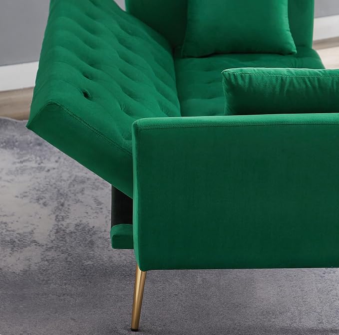 72Modern Velvet Sofa Bed FutonConvertible Folding Sleeper Bed Couches with 3 Adjustable BackrestsTufted Recliner Love Seat with Golden Chrome Legs for Living Room Apartment Office (Green+pillows)