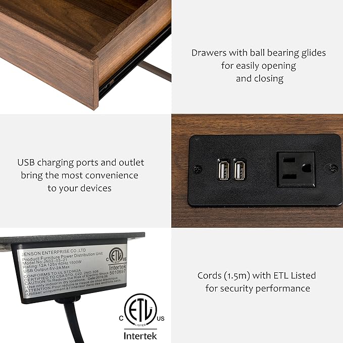 glitzhome 43 W Industrial Home Office Writing Desk with Power Outlet and USB Ports 2-Drawer Computer Laptop Table Walnut