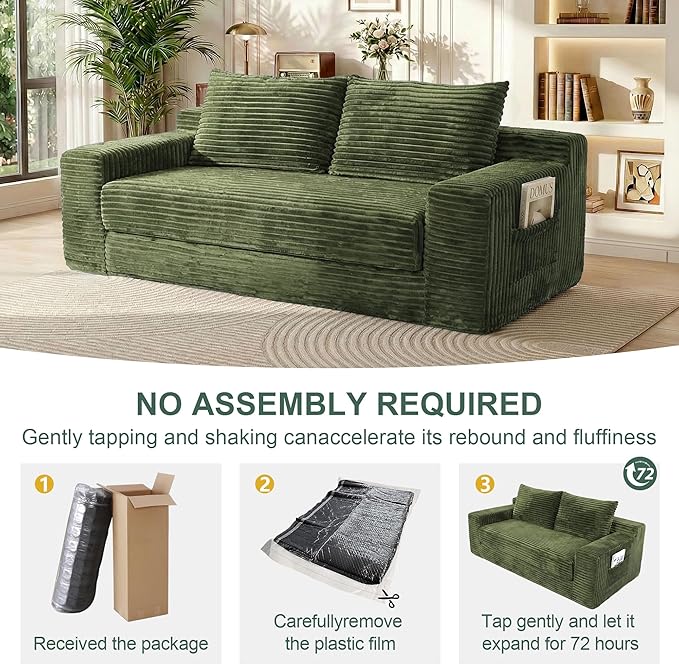 73 Convertible Sofa Bed 2 in 1 Folding Couch Bed Boneless Couch in a Box Cloud Loveseat Sleeper Fold Out Comfy Floor Futon Sofa with 2 Pillows for Living Room Bedroom No Assembly (Green 73)