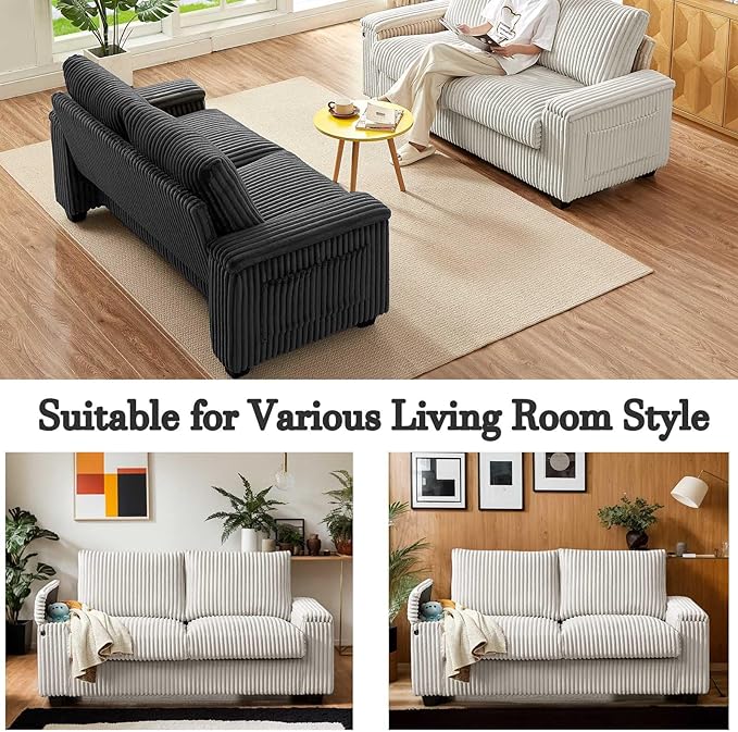 Anwick 71 Modern Loveseat Sofa Corduroy 2-Seater Couch with Storage Armrest USB Charging Port &amp Side Pockets Small Sofa for Living Room Bedroom Office Apartment (Beige)