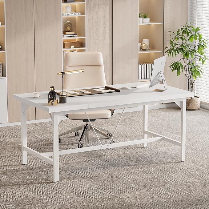Cyclysio 63 Large Computer Desk Long Office Table with Heavy Duty Metal Frame Modern Study Writing Gaming Desk for 2 Person 1.4 Thick Wood Desktop for Home Office (White 63 Inch)