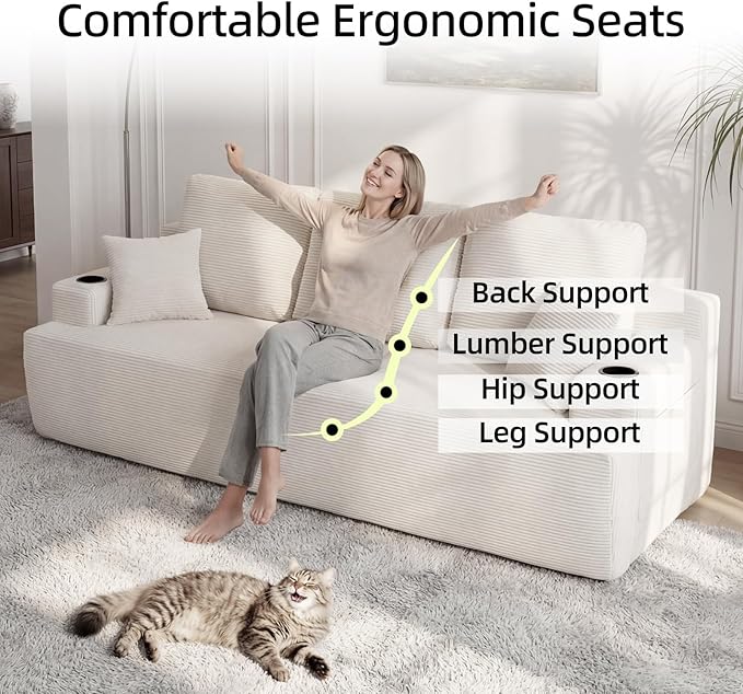 87 Modern 3-Seater loveseat Sofa Comfy Deep Seat Boneless Couch with Plush Corduroy Fabric Built-in Cup Holders &amp Side Storage Pockets for Living Room Bedroom and Apartment