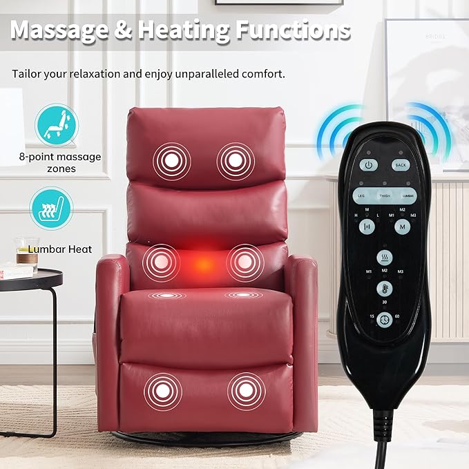 PELUMY 360° Swivel Rocker Recliner with Heat &amp Vibration Massage Glider Rocking Chair for Adults Compact Recliner for Living Room Small Spaces Nursery Bedroom (Breathable Leather Red)