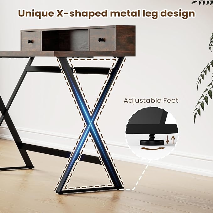 Manora Computer Desk with Drawers and Monitor Stand 47 Home Office Desk with Storage Shelf Rustic Brown Writing Study Table with Metal Frame for Bedroom Workstation for Laptop PC
