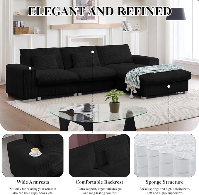 113 Inch Modular Sectional SofaModern l-Shaped Deep Seats Corduroy CouchSponge Couches with Chaise Lounge for Living Room Or Bedroom (Black)