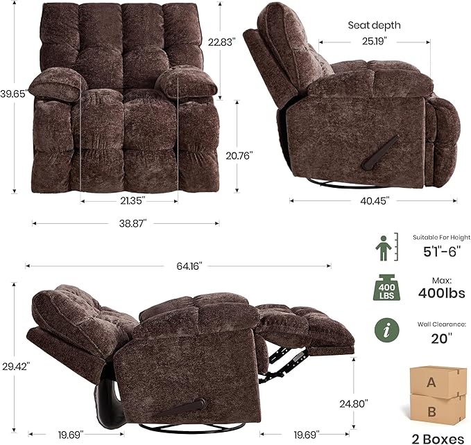 Oversized Rocker Recliner Chair 42” Power Swivel Recliner for Living Room Overstuffed Extra Wide Rocking Recliners with Breathable Soft Fabric Up to 400lbs(Manual Brown)