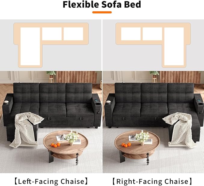 Garvee Couches for Living Room 84'' Sofa Bedl-Shaped Sectional Sleeper Sofa with Pull Out BedReversible Storage Chaises Hidden Storage ArmrestsCup Holders &amp USB Charging Ports