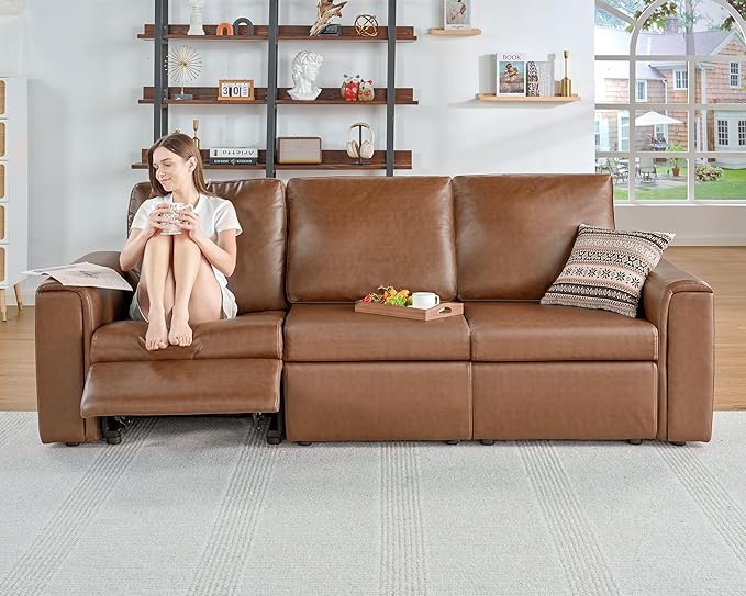 AMERLIFE 44” Power Recliner Chair with 8.5” Wide Armrests Single Electric Reclining Sofa with USB Charging Port Leather Recliner for Living Room Brown