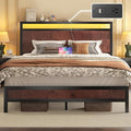 Queen Bed Frame with Headboard &amp Footboard Bed Frame with Built-in Charging Station &amp LED Light Storage Shelf Noise-Free No Box Spring Needed Easy Assembly Coffee Brown