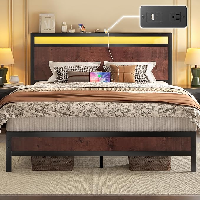 Queen Bed Frame with Headboard &amp Footboard Bed Frame with Built-in Charging Station &amp LED Light Storage Shelf Noise-Free No Box Spring Needed Easy Assembly Coffee Brown