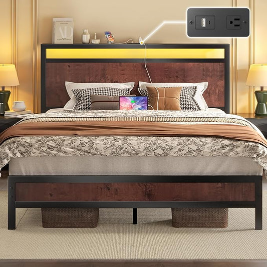 Queen Bed Frame with Headboard &amp Footboard Bed Frame with Built-in Charging Station &amp LED Light Storage Shelf Noise-Free No Box Spring Needed Easy Assembly Coffee Brown