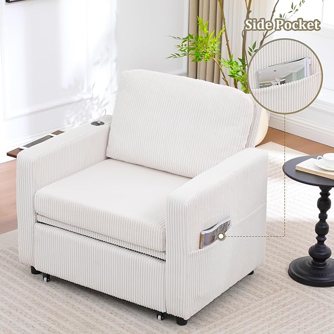 3 in 1 Folding Convertible Sleeper Sofa Bed Pull Out Couch with Side Pockets USB Port Side Table Single Sofa Bed with Adjustable Backrest for Living Room Bedroom 66 Beige 1 SEAT
