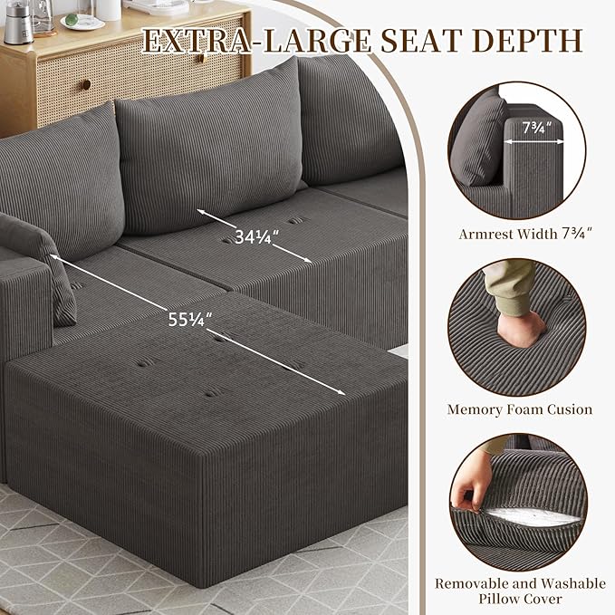 Boneless Cloud Couch with Movable Chaise Ottoman Moudular Sleeper Couch Dual-Core Support Spring &amp High-Resilience Foam 105 Corduroy Couch for Living Room No Assembly Gray